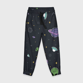 Детские брюки 3D с принтом Space в Санкт-Петербурге, 100% полиэстер | манжеты по низу, эластичный пояс регулируется шнурком, по бокам два кармана без застежек, внутренняя часть кармана из мелкой сетки | звезды | комета | метеориты | нло | планеты | пришелец