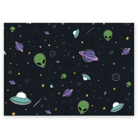 Поздравительная открытка с принтом Space в Санкт-Петербурге, 100% бумага | плотность бумаги 280 г/м2, матовая, на обратной стороне линовка и место для марки
 | Тематика изображения на принте: звезды | комета | метеориты | нло | планеты | пришелец