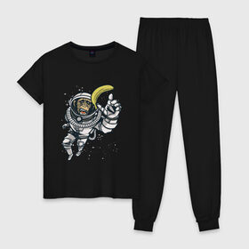 Женская пижама хлопок с принтом Шимпанзе космонавт с бананом в Санкт-Петербурге, 100% хлопок | брюки и футболка прямого кроя, без карманов, на брюках мягкая резинка на поясе и по низу штанин | Тематика изображения на принте: astronaut | banana | nasa | астронавт | банан | в космосе | в скафандре | в шлеме | горилла | за бананом | звезды | космонавт | мартышка | наса | невесомость | обезьяна | пародия | полет | прикол | примат | ракета