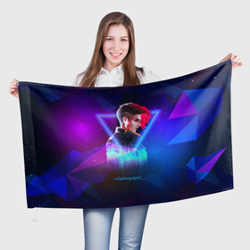 Флаг 3D с принтом Cyberpunk 2077 в Санкт-Петербурге, 100% полиэстер | плотность ткани — 95 г/м2, размер — 67 х 109 см. Принт наносится с одной стороны | cyberpunk 2077 | игра | киберпанк | компьютерная | космос | неоновый | панк | персонаж | подарок | фиолетовый