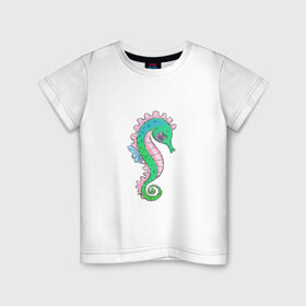Детская футболка хлопок с принтом Морской конек в Санкт-Петербурге, 100% хлопок | круглый вырез горловины, полуприлегающий силуэт, длина до линии бедер | море | морские жители | подводное царство | русалка