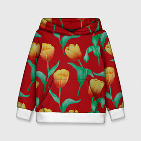 Детская толстовка 3D с принтом Тюльпаны на красном фоне в Санкт-Петербурге, 100% полиэстер | двухслойный капюшон со шнурком для регулировки, мягкие манжеты на рукавах и по низу толстовки, спереди карман-кенгуру с мягким внутренним слоем | 8 марта | flowers | summer | ботаническая иллюстрация | весна | желтый | зеленый | красный | лето | любовь | праздник | принт | природа | растения | тюльпаны | цветы