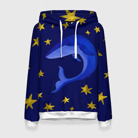 Женская толстовка 3D с принтом Звездный кит в Санкт-Петербурге, 100% полиэстер  | двухслойный капюшон со шнурком для регулировки, мягкие манжеты на рукавах и по низу толстовки, спереди карман-кенгуру с мягким внутренним слоем. | Тематика изображения на принте: звезды | золотые | кит | ночное небо | синий | созвездие