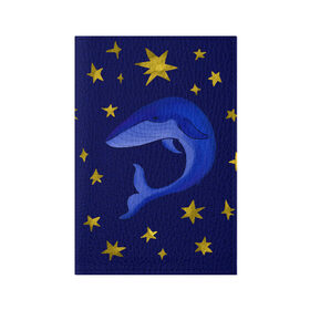 Обложка для паспорта матовая кожа с принтом Звездный кит в Санкт-Петербурге, натуральная матовая кожа | размер 19,3 х 13,7 см; прозрачные пластиковые крепления | звезды | золотые | кит | ночное небо | синий | созвездие