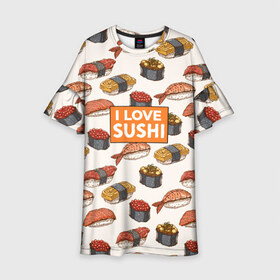 Детское платье 3D с принтом I love sushi Я люблю суши в Санкт-Петербурге, 100% полиэстер | прямой силуэт, чуть расширенный к низу. Круглая горловина, на рукавах — воланы | japan | japanese | виды суши | гункан | гунканы | икра | красная икра | красная рыба | креветка | лосось | маки | нигири | омлет | паттерн | ролл | роллы | сашими | суси | узор | фастфуд | форель | футомаки