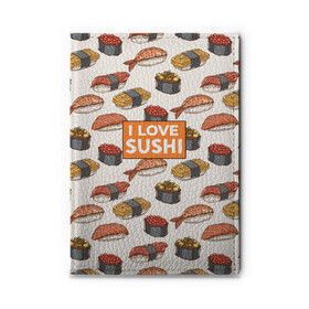 Обложка для автодокументов с принтом I love sushi Я люблю суши в Санкт-Петербурге, натуральная кожа |  размер 19,9*13 см; внутри 4 больших “конверта” для документов и один маленький отдел — туда идеально встанут права | Тематика изображения на принте: japan | japanese | виды суши | гункан | гунканы | икра | красная икра | красная рыба | креветка | лосось | маки | нигири | омлет | паттерн | ролл | роллы | сашими | суси | узор | фастфуд | форель | футомаки
