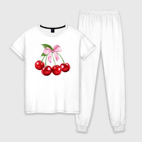 Женская пижама хлопок с принтом Вишенки в Санкт-Петербурге, 100% хлопок | брюки и футболка прямого кроя, без карманов, на брюках мягкая резинка на поясе и по низу штанин | гроздь | красный | черри.ягоды