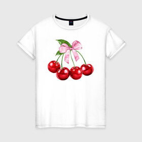 Женская футболка хлопок с принтом Вишенки в Санкт-Петербурге, 100% хлопок | прямой крой, круглый вырез горловины, длина до линии бедер, слегка спущенное плечо | гроздь | красный | черри.ягоды