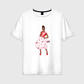 Женская футболка хлопок Oversize с принтом Кокетка в Санкт-Петербурге, 100% хлопок | свободный крой, круглый ворот, спущенный рукав, длина до линии бедер
 | вишенки | девушка | игривость | лето | платье