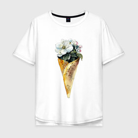 Мужская футболка хлопок Oversize с принтом Мороженко в Санкт-Петербурге, 100% хлопок | свободный крой, круглый ворот, “спинка” длиннее передней части | акварель | букет | мороженое | цветы