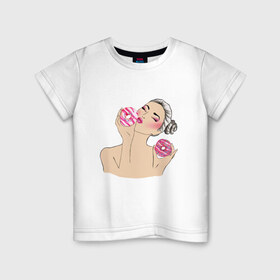 Детская футболка хлопок с принтом Моя любовь-пончики в Санкт-Петербурге, 100% хлопок | круглый вырез горловины, полуприлегающий силуэт, длина до линии бедер | вкусно | девушка | пончик | сладости