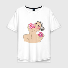 Мужская футболка хлопок Oversize с принтом Моя любовь-пончики в Санкт-Петербурге, 100% хлопок | свободный крой, круглый ворот, “спинка” длиннее передней части | вкусно | девушка | пончик | сладости