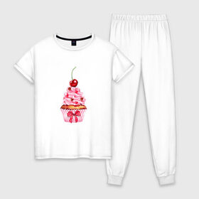 Женская пижама хлопок с принтом Капкейк в Санкт-Петербурге, 100% хлопок | брюки и футболка прямого кроя, без карманов, на брюках мягкая резинка на поясе и по низу штанин | вишенка | к чаю | кекс | крем