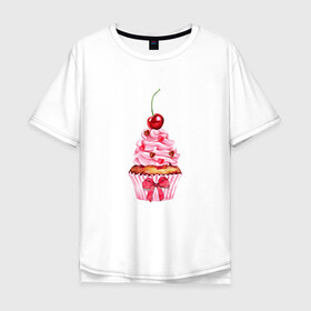 Мужская футболка хлопок Oversize с принтом Капкейк в Санкт-Петербурге, 100% хлопок | свободный крой, круглый ворот, “спинка” длиннее передней части | Тематика изображения на принте: вишенка | к чаю | кекс | крем