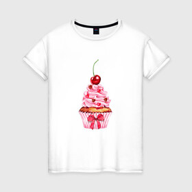 Женская футболка хлопок с принтом Капкейк в Санкт-Петербурге, 100% хлопок | прямой крой, круглый вырез горловины, длина до линии бедер, слегка спущенное плечо | вишенка | к чаю | кекс | крем