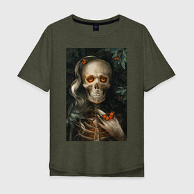 Мужская футболка хлопок Oversize с принтом Скелет и баббочки в Санкт-Петербурге, 100% хлопок | свободный крой, круглый ворот, “спинка” длиннее передней части | бабочки | насекомые | природа | скелет | фентези | череп