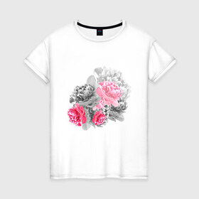 Женская футболка хлопок с принтом Букет в Санкт-Петербурге, 100% хлопок | прямой крой, круглый вырез горловины, длина до линии бедер, слегка спущенное плечо | акварель | девушка | нежность | пионы | цветы