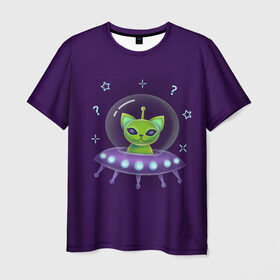 Мужская футболка 3D с принтом Инопланетный кот НЛО в Санкт-Петербурге, 100% полиэфир | прямой крой, круглый вырез горловины, длина до линии бедер | neon | space | вселенная | звезды | зеленые человечки | инопланетяне | космос | кот | неон | нло | огни | тарелка