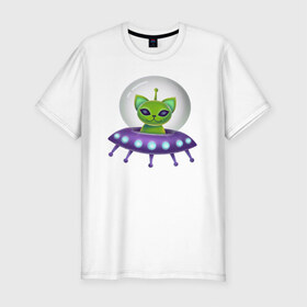 Мужская футболка хлопок Slim с принтом Инопланетный кот в Санкт-Петербурге, 92% хлопок, 8% лайкра | приталенный силуэт, круглый вырез ворота, длина до линии бедра, короткий рукав | neon | space | вселенная | звезды | зеленые человечки | инопланетяне | космос | кот | неон | нло | огни | тарелка