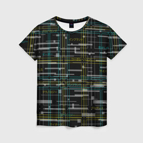 Женская футболка 3D с принтом Cyberpunk Tartan в Санкт-Петербурге, 100% полиэфир ( синтетическое хлопкоподобное полотно) | прямой крой, круглый вырез горловины, длина до линии бедер | cyberpunk | glitch | глитч | киберпанк | клетка | матрица | узор | футуристичный | шотландка