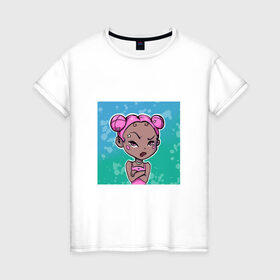 Женская футболка хлопок с принтом Эй в Санкт-Петербурге, 100% хлопок | прямой крой, круглый вырез горловины, длина до линии бедер, слегка спущенное плечо | girl | девочка | девушка | розовые волосы | цундере | чиби | эй