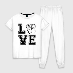 Женская пижама хлопок с принтом Люблю кошек в Санкт-Петербурге, 100% хлопок | брюки и футболка прямого кроя, без карманов, на брюках мягкая резинка на поясе и по низу штанин | 