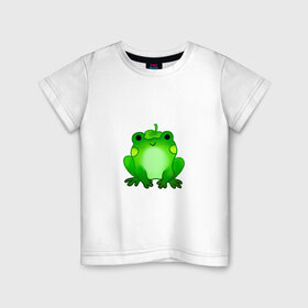Детская футболка хлопок с принтом Жаба с листиком в Санкт-Петербурге, 100% хлопок | круглый вырез горловины, полуприлегающий силуэт, длина до линии бедер | Тематика изображения на принте: жаба | зеленая | лягуха | лягушка | милая | с листочком