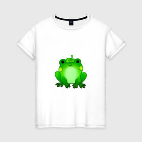 Женская футболка хлопок с принтом Жаба с листиком в Санкт-Петербурге, 100% хлопок | прямой крой, круглый вырез горловины, длина до линии бедер, слегка спущенное плечо | жаба | зеленая | лягуха | лягушка | милая | с листочком