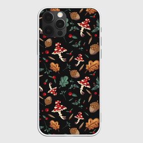Чехол для iPhone 12 Pro Max с принтом Лесной принт с мухоморами в Санкт-Петербурге, Силикон |  | грибы | желуди | лесной | листья | мухоморы | узор | черный