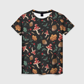Женская футболка 3D с принтом Лесной принт с мухоморами в Санкт-Петербурге, 100% полиэфир ( синтетическое хлопкоподобное полотно) | прямой крой, круглый вырез горловины, длина до линии бедер | грибы | желуди | лесной | листья | мухоморы | узор | черный