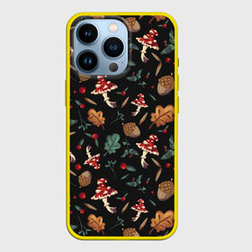 Чехол для iPhone 13 Pro с принтом Лесной принт с мухоморами в Санкт-Петербурге,  |  | грибы | желуди | лесной | листья | мухоморы | узор | черный