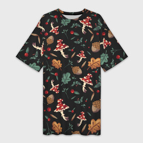 Платье-футболка 3D с принтом Лесной принт с мухоморами в Санкт-Петербурге,  |  | Тематика изображения на принте: грибы | желуди | лесной | листья | мухоморы | узор | черный