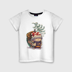 Детская футболка хлопок с принтом Милый зимний лесной зверек в Санкт-Петербурге, 100% хлопок | круглый вырез горловины, полуприлегающий силуэт, длина до линии бедер | Тематика изображения на принте: зима | лес | мультик | новый год | персонаж | рождество | теплый | шапка