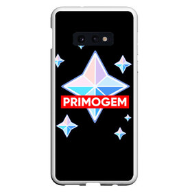 Чехол для Samsung S10E с принтом PRIMOGEM в Санкт-Петербурге, Силикон | Область печати: задняя сторона чехла, без боковых панелей | Тематика изображения на принте: genshin | genshin impact | legendary | primogem | roll | геншин | геншин импакт | молитва | примогем | хочу верить