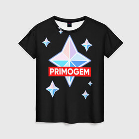 Женская футболка 3D с принтом PRIMOGEM в Санкт-Петербурге, 100% полиэфир ( синтетическое хлопкоподобное полотно) | прямой крой, круглый вырез горловины, длина до линии бедер | genshin | genshin impact | legendary | primogem | roll | геншин | геншин импакт | молитва | примогем | хочу верить