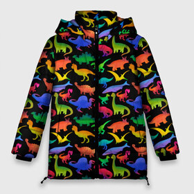Женская зимняя куртка 3D с принтом Яркие динозавры в Санкт-Петербурге, верх — 100% полиэстер; подкладка — 100% полиэстер; утеплитель — 100% полиэстер | длина ниже бедра, силуэт Оверсайз. Есть воротник-стойка, отстегивающийся капюшон и ветрозащитная планка. 

Боковые карманы с листочкой на кнопках и внутренний карман на молнии | Тематика изображения на принте: дино | динозавры | диносы | разноцветные | хищные | цветные | юрский период