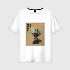 Женская футболка хлопок Oversize с принтом японский кот самурай в Санкт-Петербурге, 100% хлопок | свободный крой, круглый ворот, спущенный рукав, длина до линии бедер
 | 