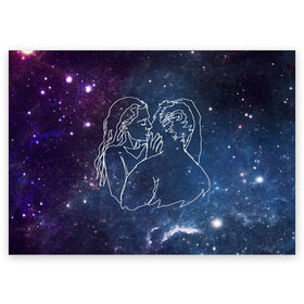Поздравительная открытка с принтом Ты моя вселенная в Санкт-Петербурге, 100% бумага | плотность бумаги 280 г/м2, матовая, на обратной стороне линовка и место для марки
 | 14 февраля | spase | влюблённые | девушка | космос | линии | любовь | отношения | парень | поцелуй | романтика