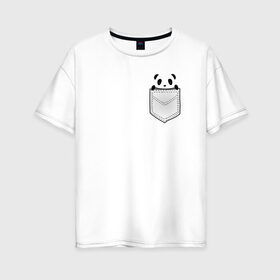 Женская футболка хлопок Oversize с принтом Панда В Кармане в Санкт-Петербурге, 100% хлопок | свободный крой, круглый ворот, спущенный рукав, длина до линии бедер
 | animals | beats | head | panda | pocket | в кармане | голова | животные | звери | лапки | любовь | панда