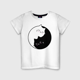 Детская футболка хлопок с принтом Yin and Yang cats в Санкт-Петербурге, 100% хлопок | круглый вырез горловины, полуприлегающий силуэт, длина до линии бедер | Тематика изображения на принте: anime | cat | cats | kitten | love | philosophy | yang | yin | yoga | аниме | инь | йога | кот | котенок | котик | котики | коты | любовь | противоположность | сердце | философия | ян