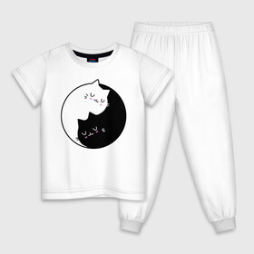 Детская пижама хлопок с принтом Yin and Yang cats в Санкт-Петербурге, 100% хлопок |  брюки и футболка прямого кроя, без карманов, на брюках мягкая резинка на поясе и по низу штанин
 | Тематика изображения на принте: anime | cat | cats | kitten | love | philosophy | yang | yin | yoga | аниме | инь | йога | кот | котенок | котик | котики | коты | любовь | противоположность | сердце | философия | ян