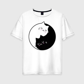 Женская футболка хлопок Oversize с принтом Yin and Yang cats в Санкт-Петербурге, 100% хлопок | свободный крой, круглый ворот, спущенный рукав, длина до линии бедер
 | anime | cat | cats | kitten | love | philosophy | yang | yin | yoga | аниме | инь | йога | кот | котенок | котик | котики | коты | любовь | противоположность | сердце | философия | ян