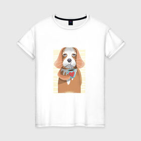 Женская футболка хлопок с принтом Собака с кофе в Санкт-Петербурге, 100% хлопок | прямой крой, круглый вырез горловины, длина до линии бедер, слегка спущенное плечо | animal | coffee | dog | pet | животные | кофе | любовь | напиток | пёс | сердце | собака
