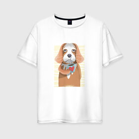Женская футболка хлопок Oversize с принтом Собака с кофе в Санкт-Петербурге, 100% хлопок | свободный крой, круглый ворот, спущенный рукав, длина до линии бедер
 | animal | coffee | dog | pet | животные | кофе | любовь | напиток | пёс | сердце | собака
