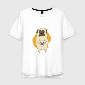 Мужская футболка хлопок Oversize с принтом Мопс с кофе в Санкт-Петербурге, 100% хлопок | свободный крой, круглый ворот, “спинка” длиннее передней части | animal | coffee | cute | drink | morning | pet | pug | животное | кофе | мопс | напиток | собака