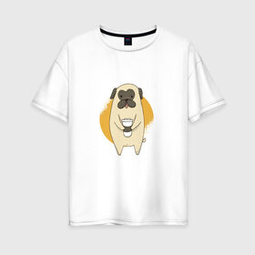 Женская футболка хлопок Oversize с принтом Мопс с кофе в Санкт-Петербурге, 100% хлопок | свободный крой, круглый ворот, спущенный рукав, длина до линии бедер
 | animal | coffee | cute | drink | morning | pet | pug | животное | кофе | мопс | напиток | собака