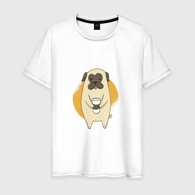 Мужская футболка хлопок с принтом Мопс с кофе в Санкт-Петербурге, 100% хлопок | прямой крой, круглый вырез горловины, длина до линии бедер, слегка спущенное плечо. | animal | coffee | cute | drink | morning | pet | pug | животное | кофе | мопс | напиток | собака