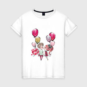 Женская футболка хлопок с принтом Парочка в Санкт-Петербурге, 100% хлопок | прямой крой, круглый вырез горловины, длина до линии бедер, слегка спущенное плечо | букет цветов | валентин | первый поцелуй | свидание | шары