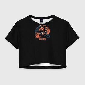 Женская футболка Crop-top 3D с принтом KMFDM HELL YEAH в Санкт-Петербурге, 100% полиэстер | круглая горловина, длина футболки до линии талии, рукава с отворотами | hell | hell yeah | kmfdm | mdfmk | yeah