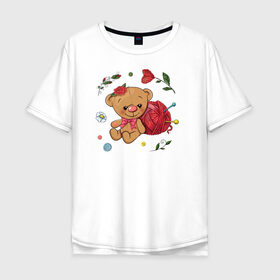 Мужская футболка хлопок Oversize с принтом Мишка в Санкт-Петербурге, 100% хлопок | свободный крой, круглый ворот, “спинка” длиннее передней части | вязание | игрушка | клубок ниток | любовь | медведь